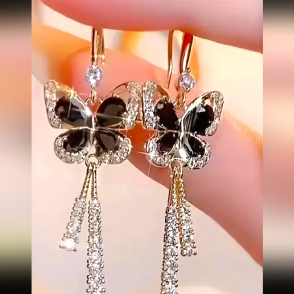 SMOKEY QUARTZ BUTTERFLY DANGLE EARRINGS / TOPAZ 2-IN DANGLE